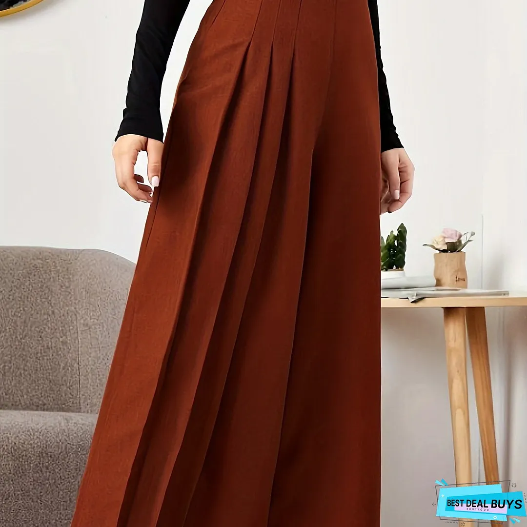 Solid Pleated Wide Leg Pants, Elegant High Waist Palazzo Pants, Women's Clothing