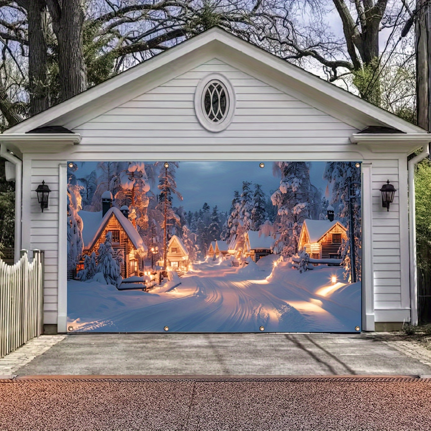 Tegooe Durable Outdoor Christmas Garage Door Banner Snow Village Log Cabin Scene Holiday Decor Multi-Size