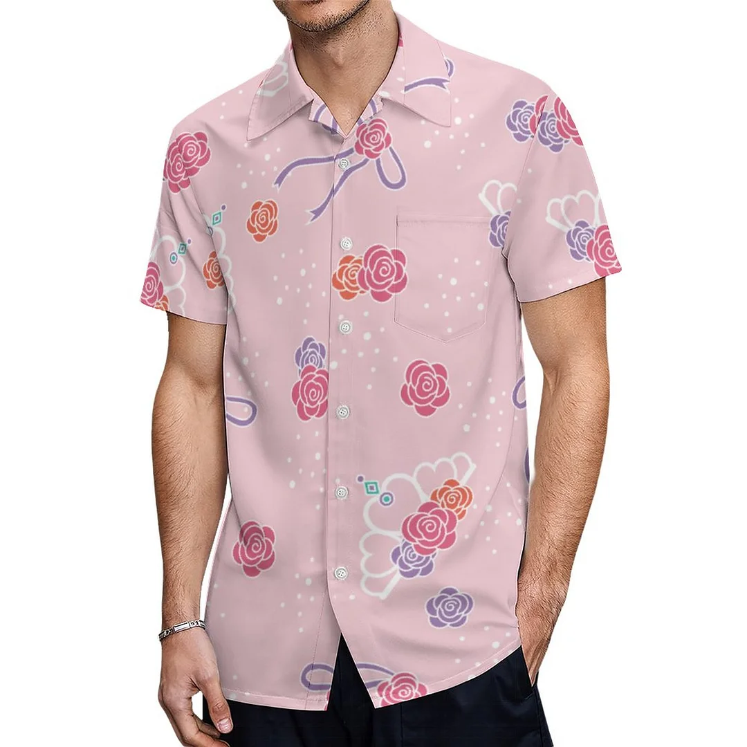Short Sleeve Pink Rose Floral Crown Bow Hawaiian Shirt Mens Button Down Plus Size Tropical Hawaii Beach Shirts