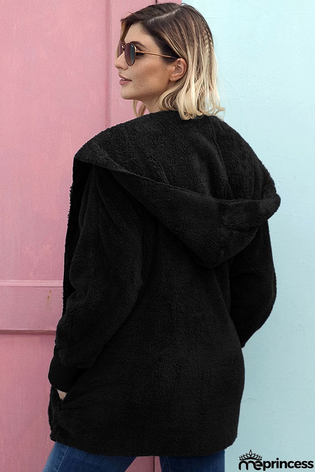 Black Hooded Open Front Soft Fleece Coat