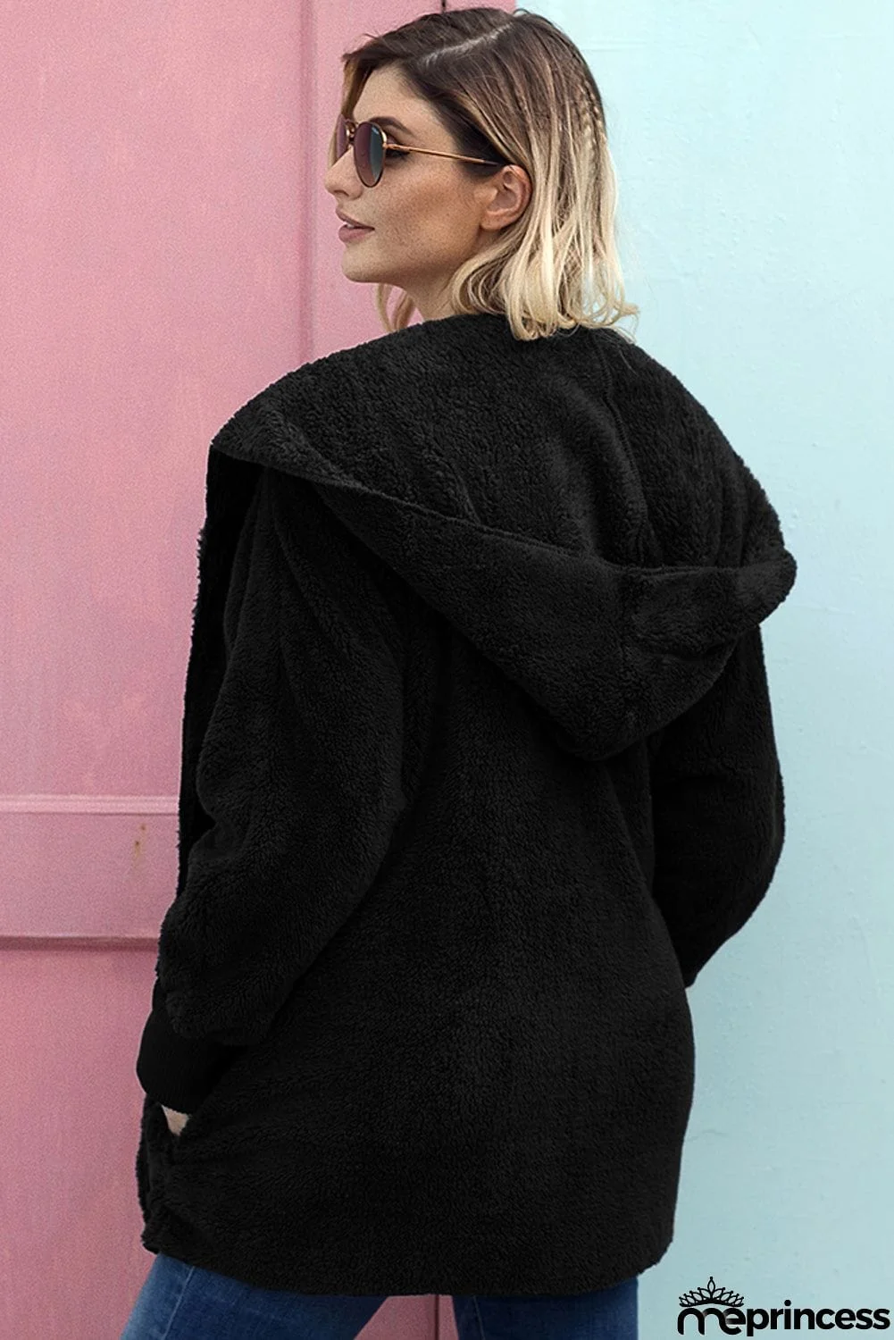 Black Hooded Open Front Soft Fleece Coat