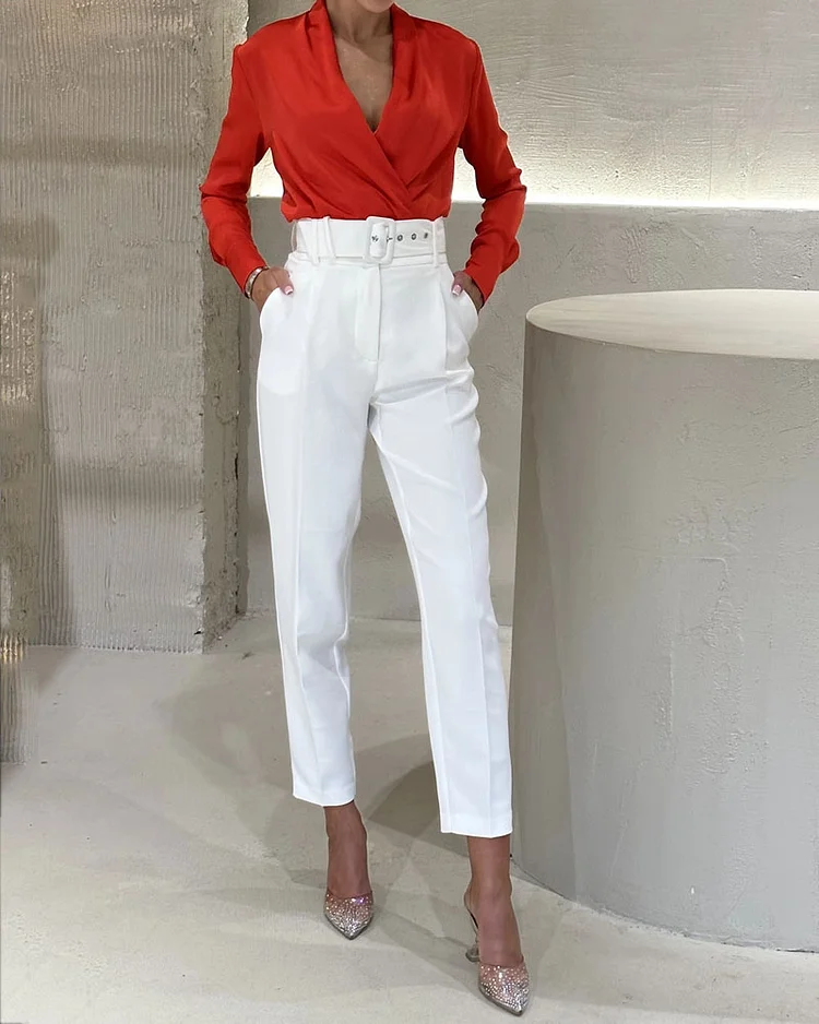 Solid Color V-neck Top & Pants Two-piece Set