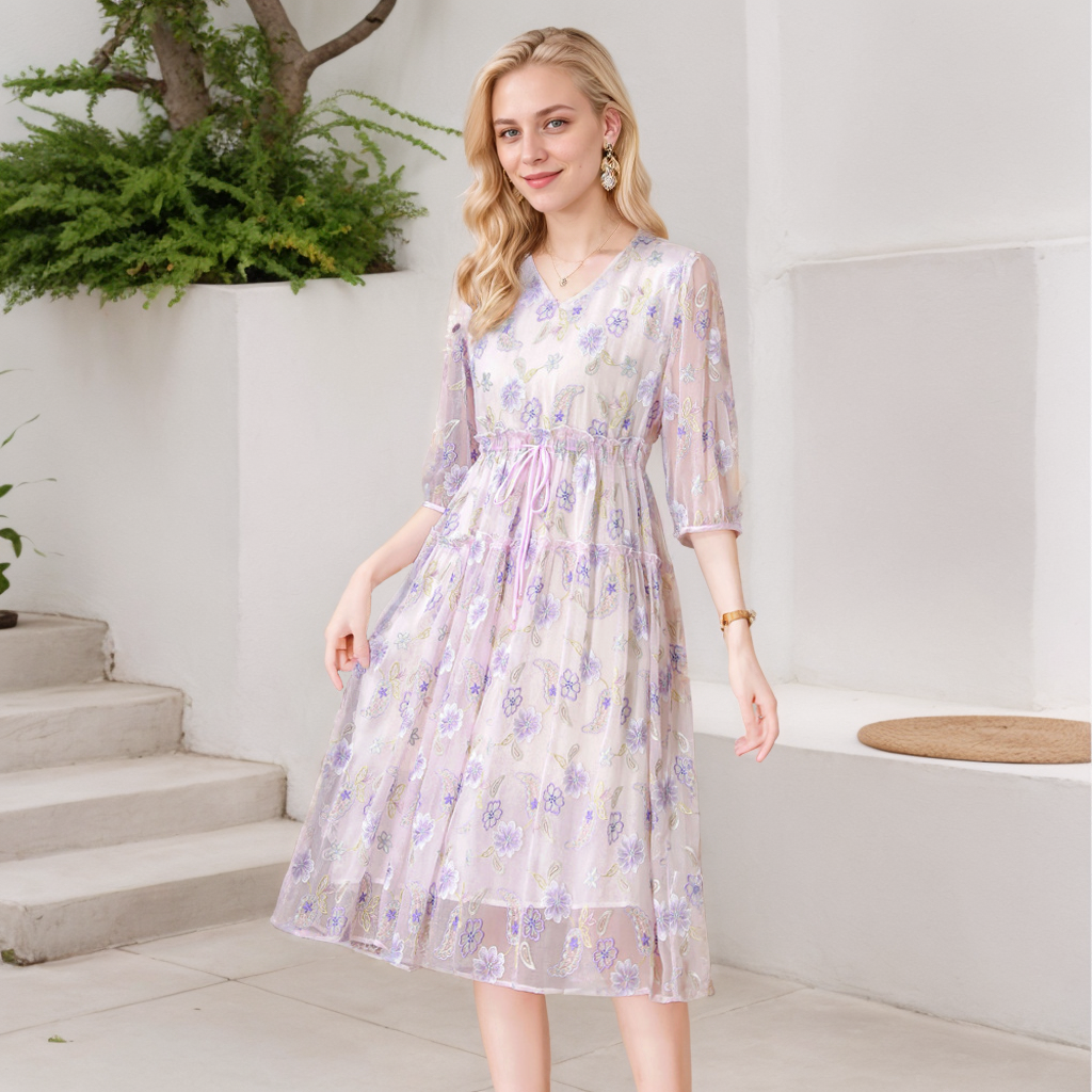 Silk Floral Dress High Waist For Wedding Guest REAL SILK LIFE