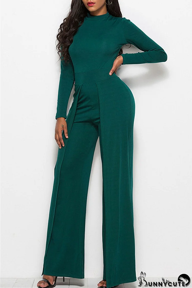 Ink Green Fashion Casual Solid Basic Regular Jumpsuits