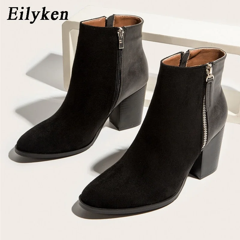 Christmas Gift 2022 Autumn Winter Faux Suede Ankle Boots Women High Heel Side Zip High top Stacked Block Heel Short Western Cowboy Boot