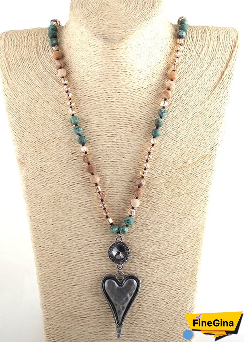 Boho Necklace, RH Amazonite Jasper, Heart Brown Natural Stone