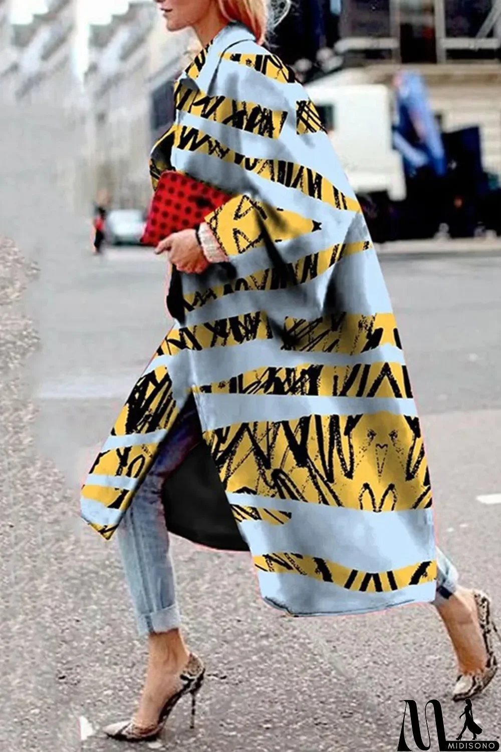 MidiSono - Yellow Blue Street Camouflage Print Patchwork Turndown Collar Outerwear