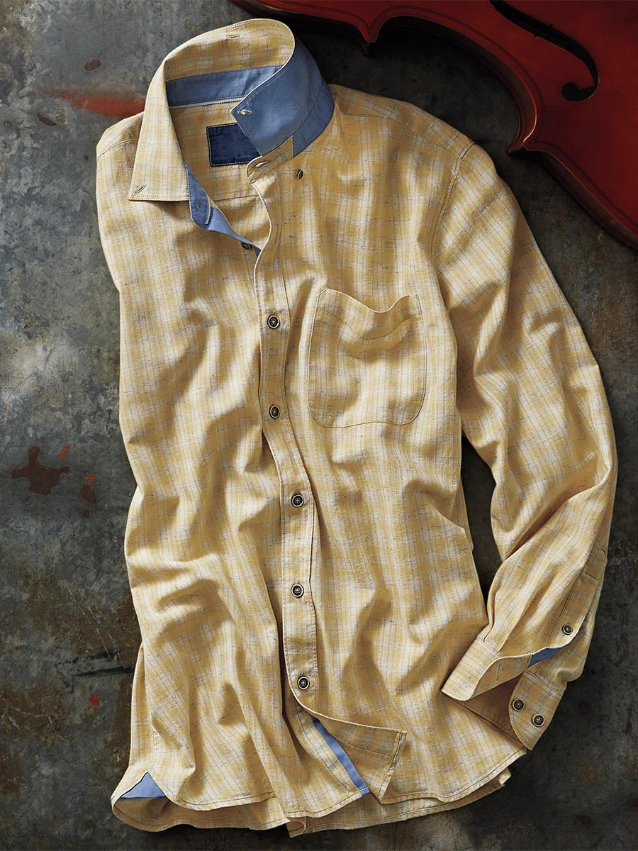 Men's Yellow Plaid Casual Long Sleeve Cotton Linen Shirt