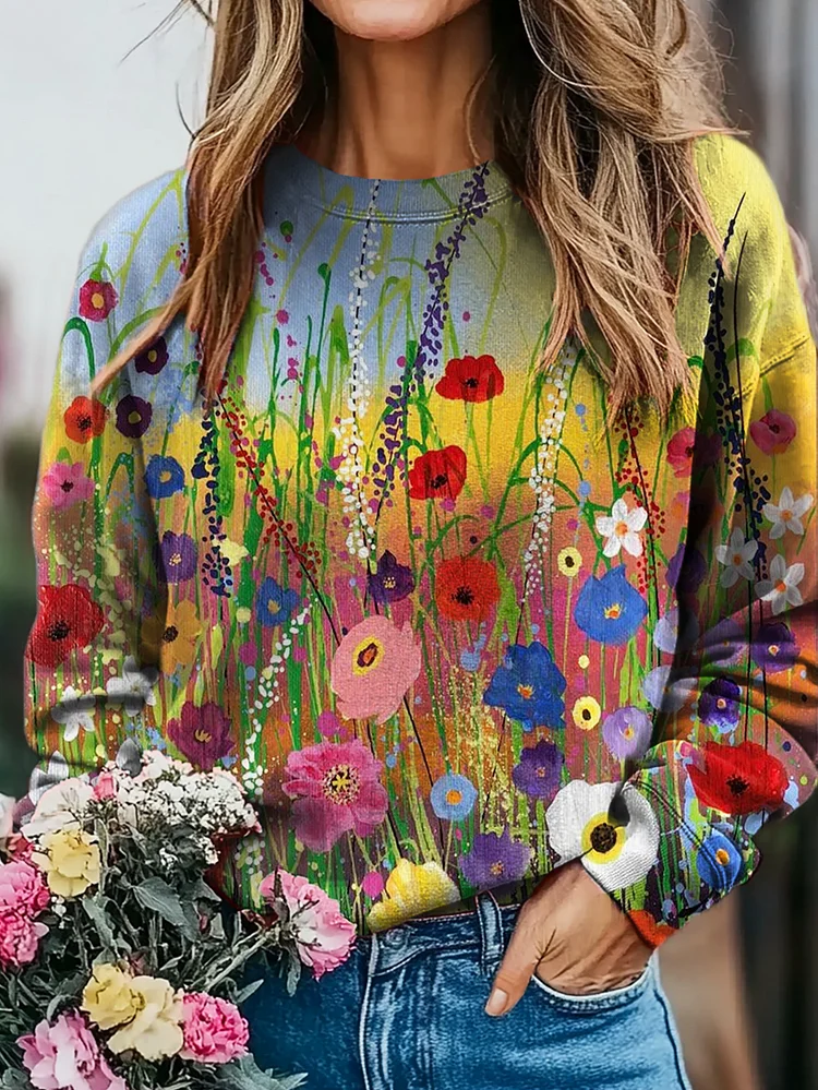 Women's Watercolor Flower Art Print Casual Crew Neck Sweatshirt