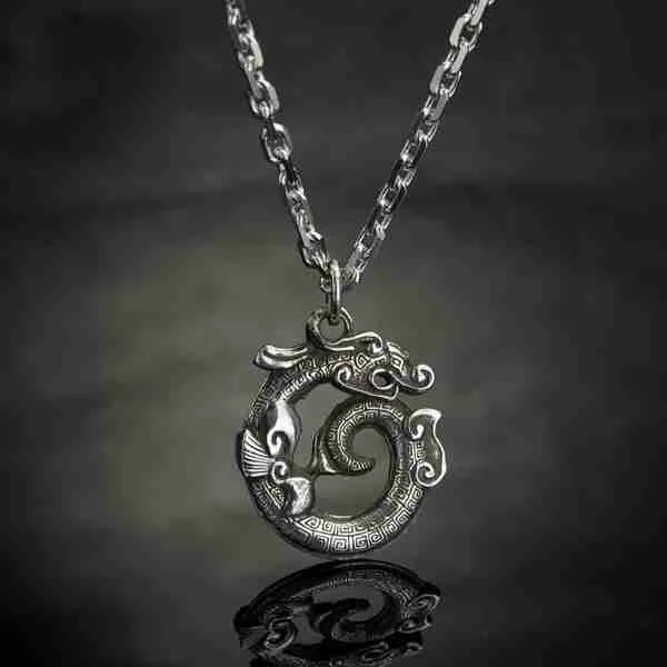 Sterling Silver Dragon Taotie Zodiac Pendant Necklace