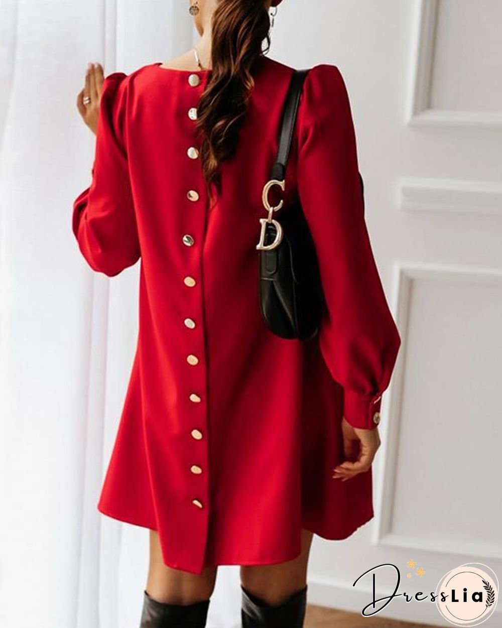 Elegant Women Metal Buttoned Mini Dress Casual Spring O Neck Party Dress
