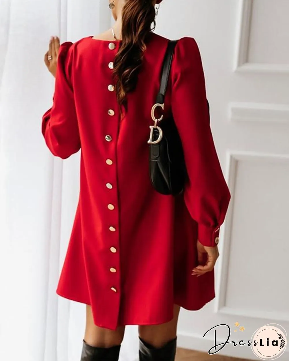 Elegant Women Metal Buttoned Mini Dress Casual Spring O Neck Party Dress