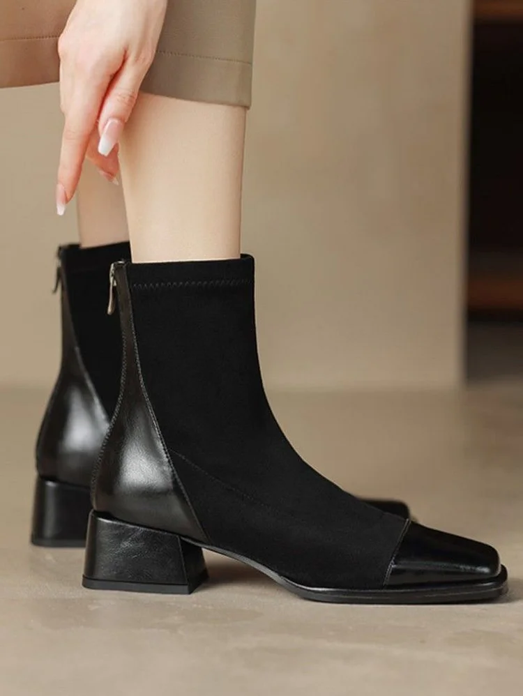 PU Leather Suede Splicing Elasticity Square Toe Fleece-Lined Short Boots