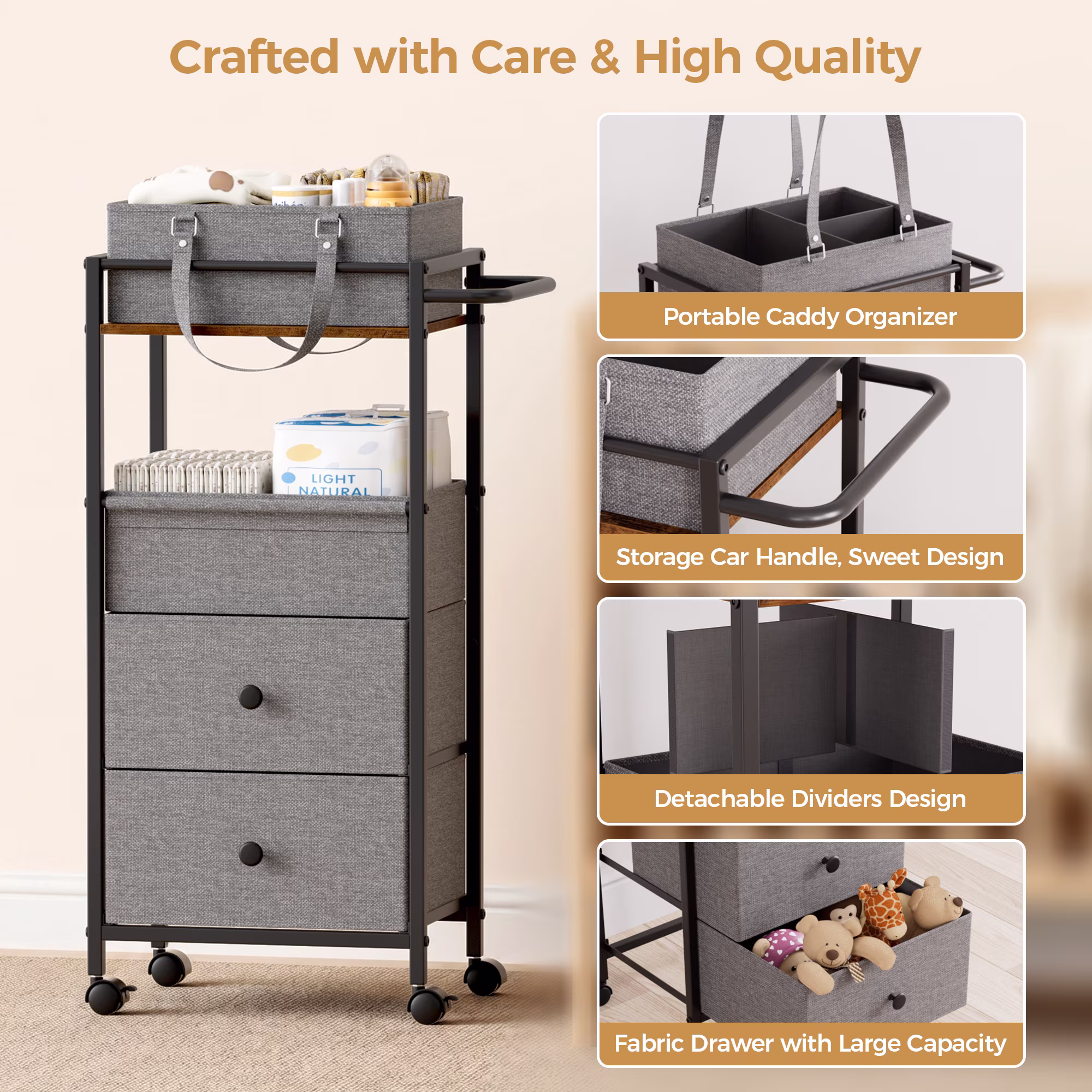 Baby Diaper Caddy Organizer Cart with Drawers - 3In1 Rolling Storage Cart with Wheels, Removable Diaper Caddy, Detachable Dividers - for Crib, Bedroom, Art & Craft Organizer (Black)