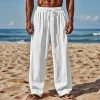 Men's Linen Plain Comfort Breathable Full Length Casual Pants by Inlyline