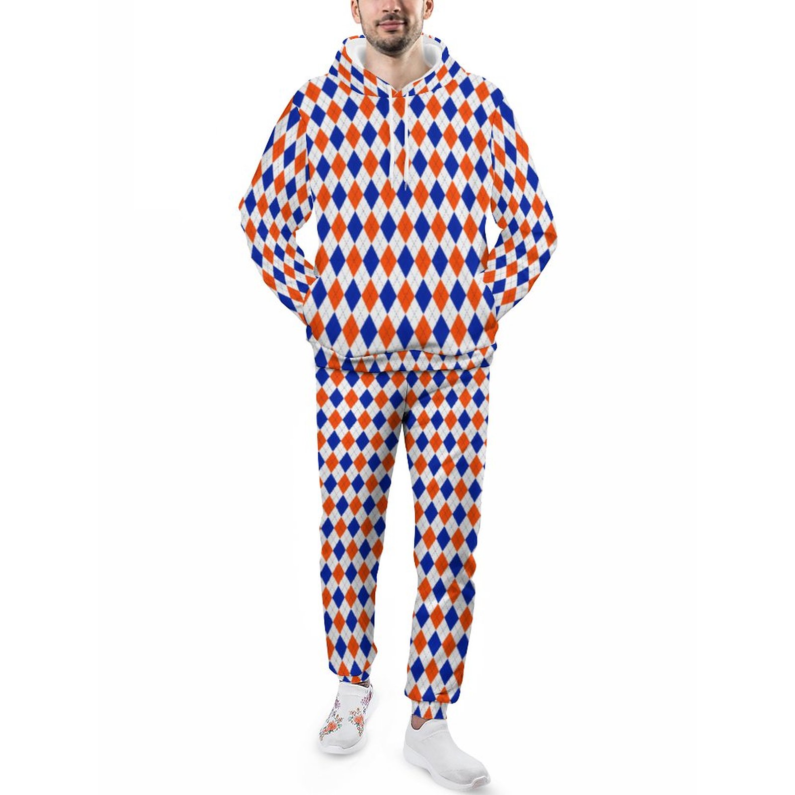 Orange And Blue Preppy Diamond Argyle Pattern Men's Tracksuit 2 Piece Hoodie Sweatsuit Sets Casual Jogging Athletic Suits