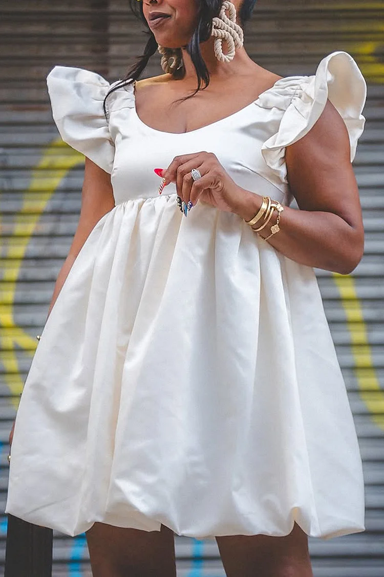 Plus Size Vacation White V Neck Flutter Sleeve Bubble Ruffle Mini Dresses [Pre-Order] 2024 - Xpluswear