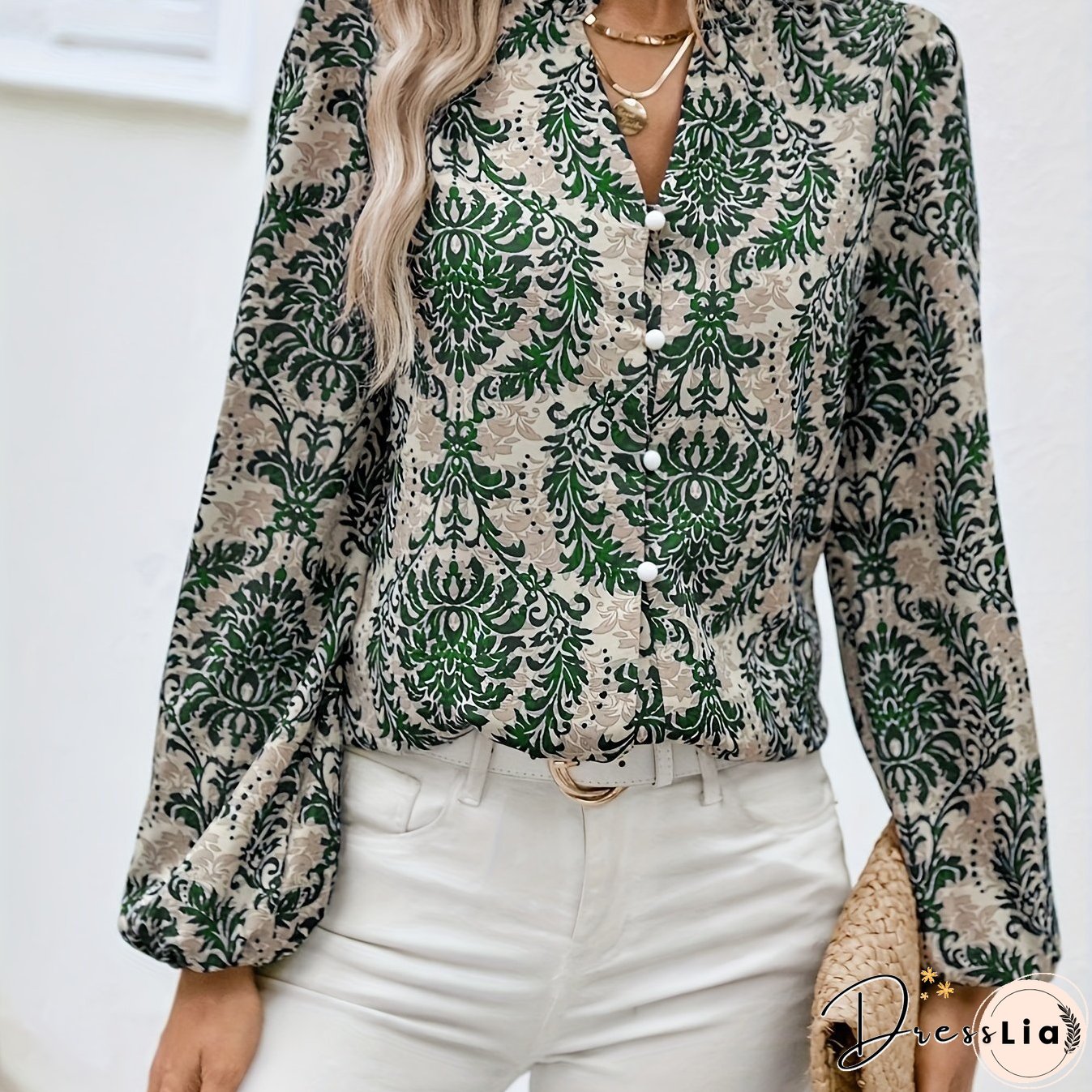 Ethnic Floral Print Blouse, Boho V Neck Long Sleeve Blouse, Women's Clothing