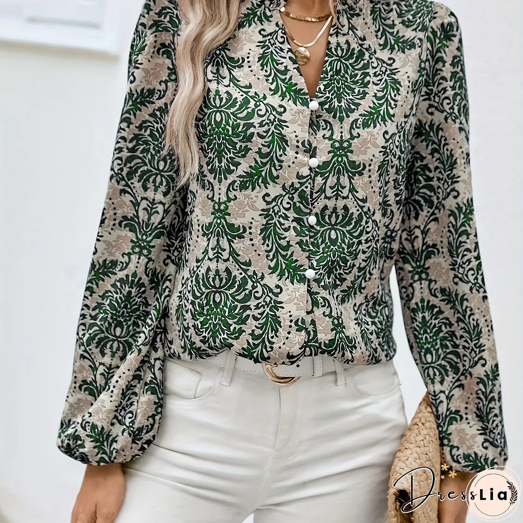 Ethnic Floral Print Blouse, Boho V Neck Long Sleeve Blouse, Women's Clothing