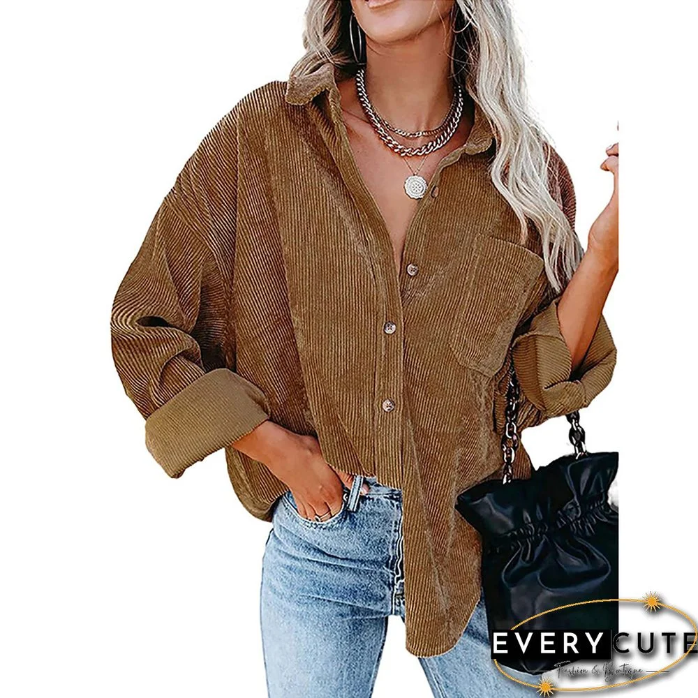 Camel Corduroy Button Pocket Oversize Shirt