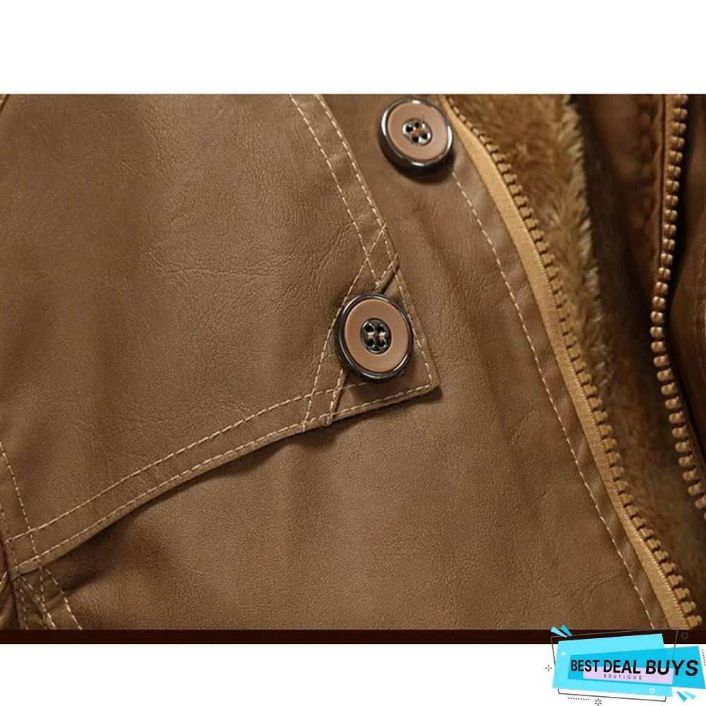 Winter Leather Jacket Mens Casual Warm Mens Long Leather Trench Coat Washed Pu Leather Motorcycle Jacket Plus Size