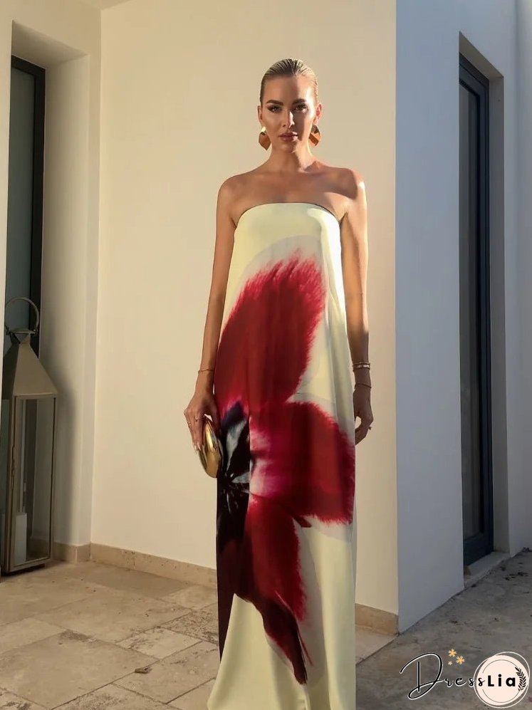 Strapless Back Belt Sleeveless Women's Long Dress Sexy Printed Backless Off Shoulder Vestidos Summer Casual Vacation Beach Robes