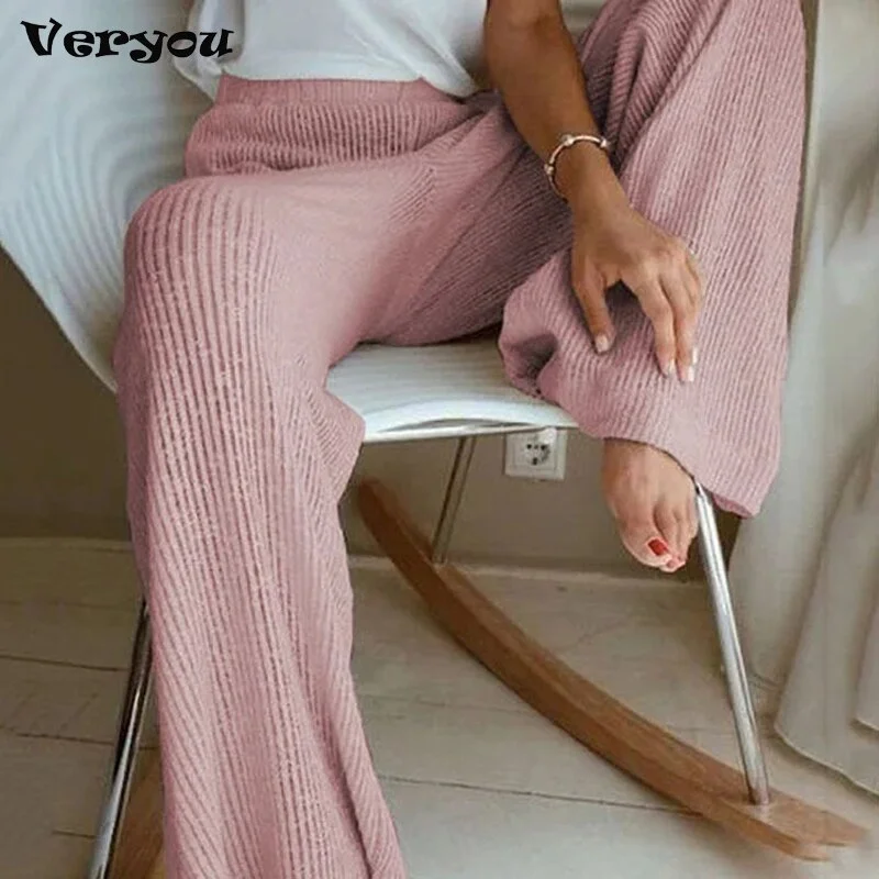 Women Solid Knitted Pants Wide Leg Trousers Autumn Fashion High Waist Loose Pantalones Female Casual Comfortable Streetwear
