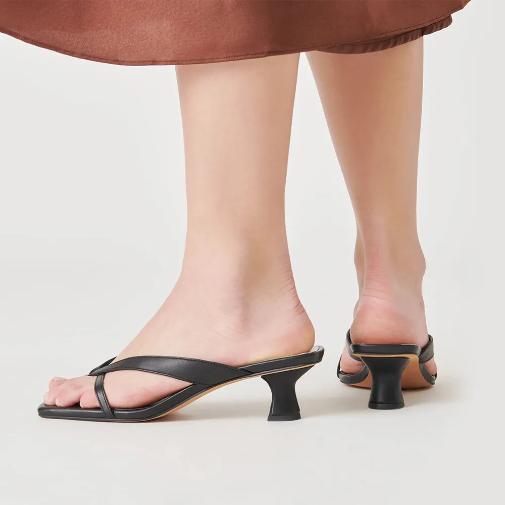 YDN Vegan Leather Open Square Toe Slip-On Black Heels Sandals