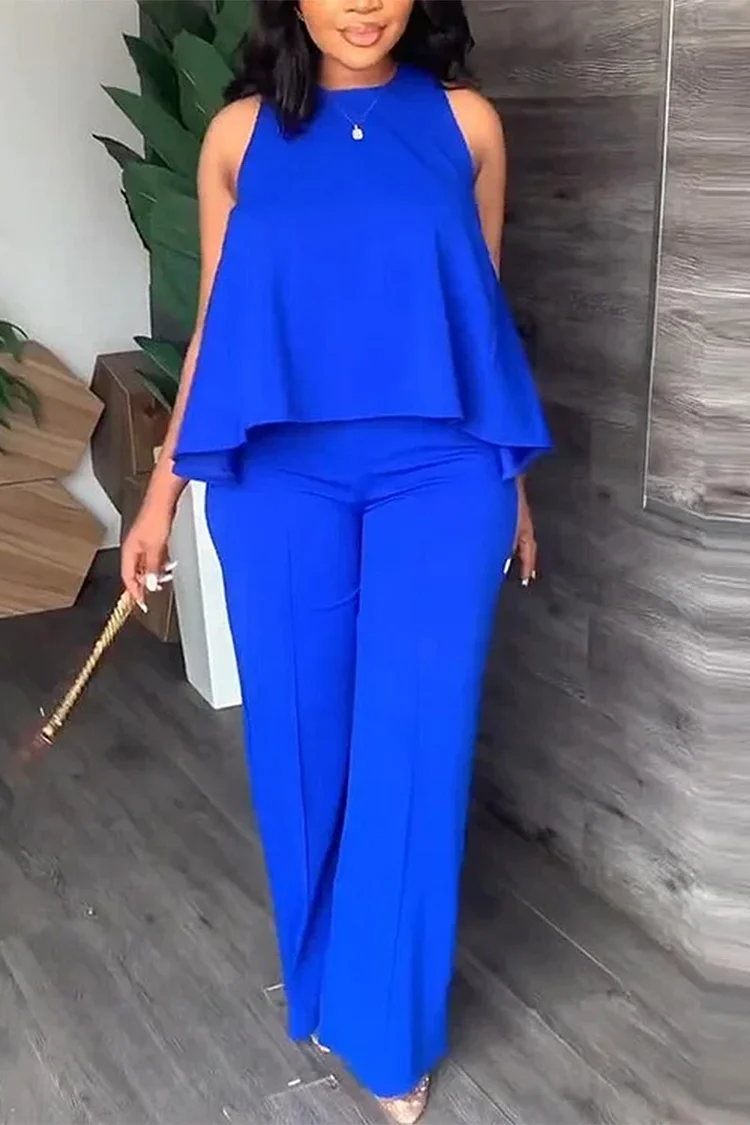 Plus Size Royal Blue Casual O Neck Sleeveless Two Pieces Pant Sets [Pre-Order]