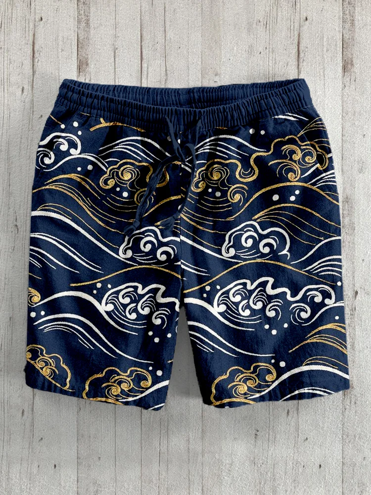Japanese Ocean Waves Pattern Linen Blend Shorts