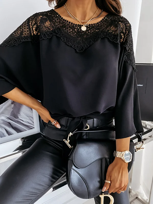 Solid Color Split-Joint Long Sleeves Loose Round-Neck Blouses&Shirts Tops