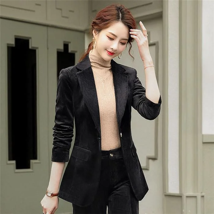 Women Office Wear Suit Blazer High Quality Corduroy Solid Casual Coat Jacket Elegant Long Sleeve Work Pockets Blazers Plus Size