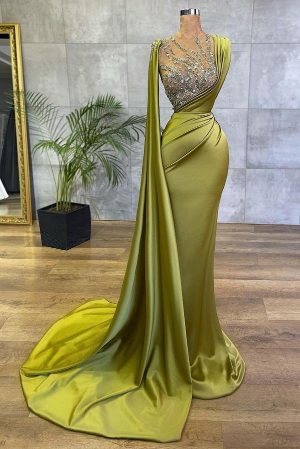 Lisliy Green Sleeveless BeadedS Split Mermaid Prom Dress With Pleated 