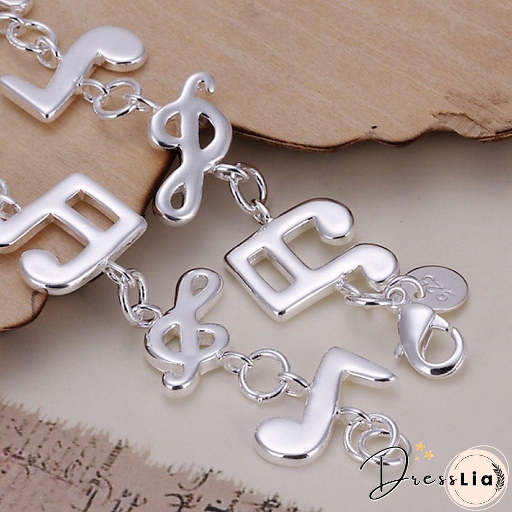 New Women 925 Sterling Silver Plated Charm Cute Music Note Chain Bracelet Bangle