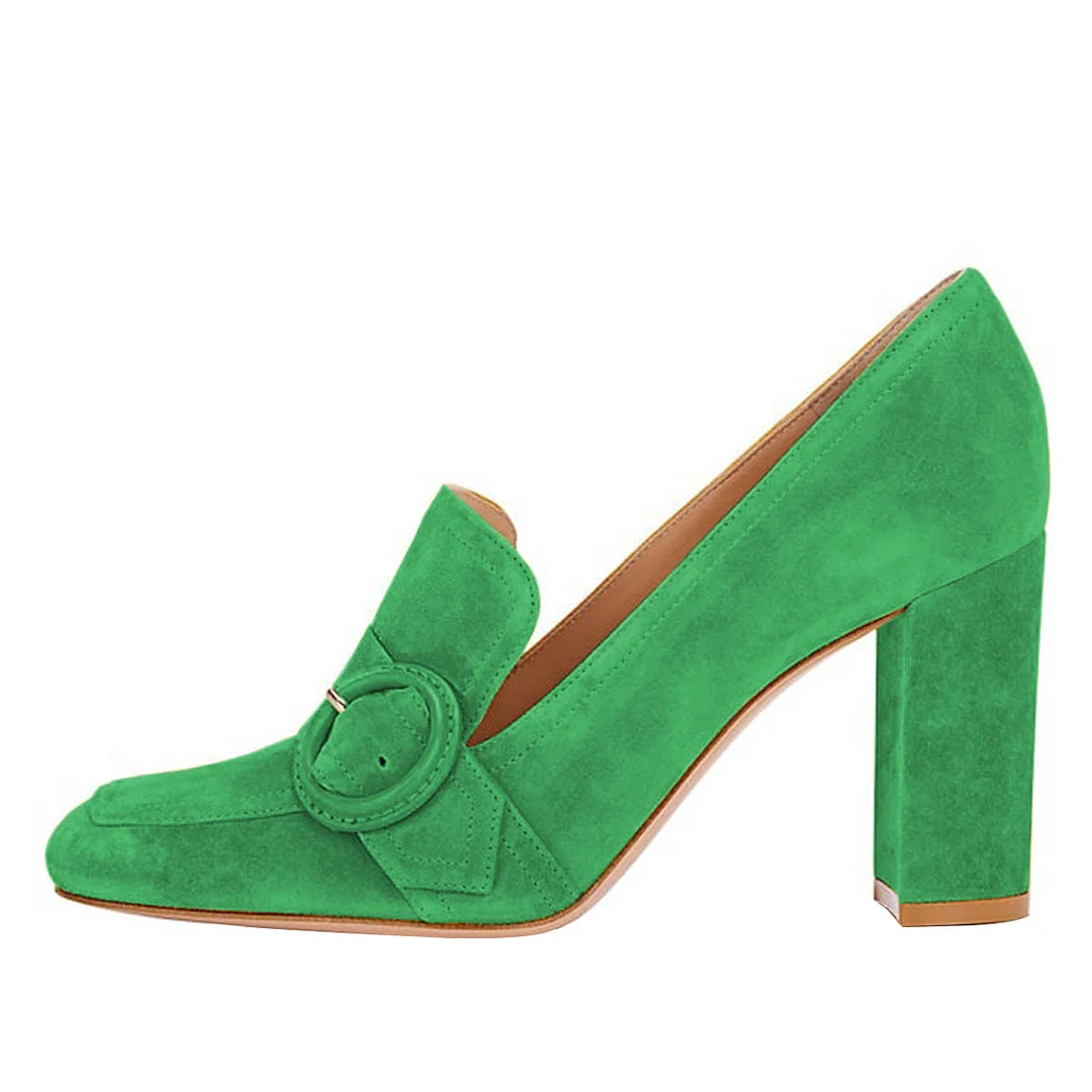 Green Vegan Suede Chunky Heel Square Toe Buckle Loafer Shoes Women