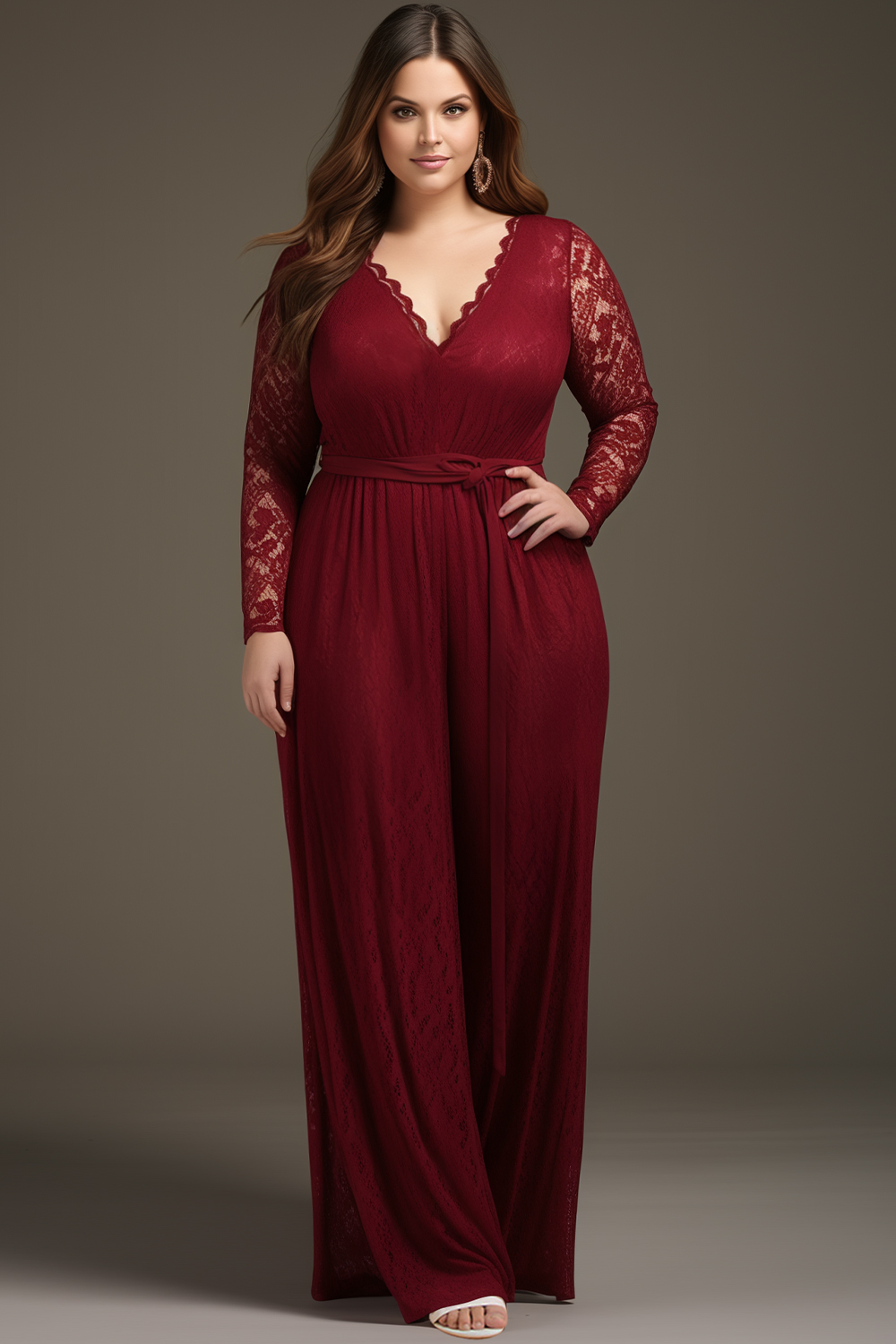 Flycurvy Plus Size Mother Of The Bride Burgundy Lace Long Sleeve Jumpsuit