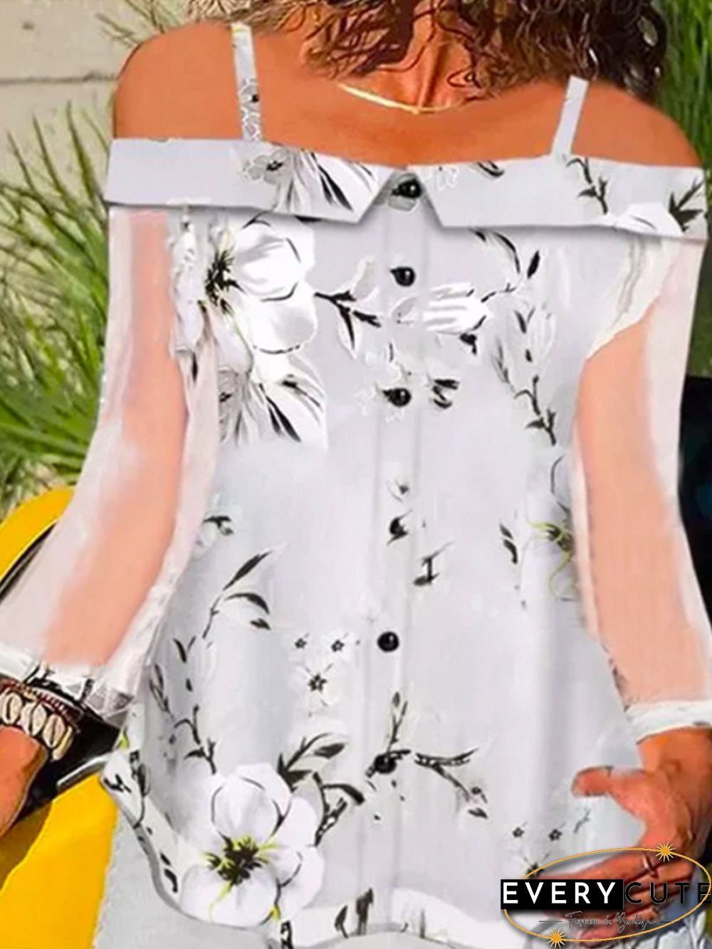 Long Sleeve Floral-Print Cotton-Blend Casual Tops