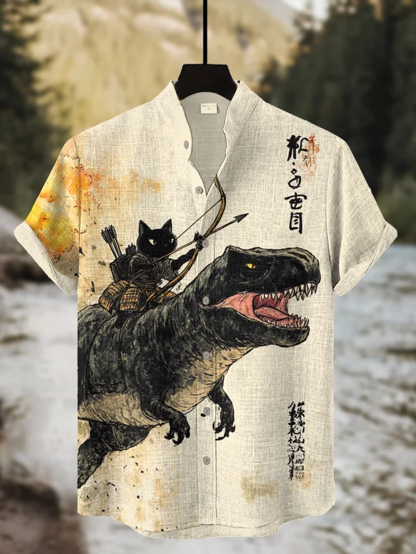 Men's Black Cat Riding A Dinosaur Shooting Arrows Away From Explosion Calligraphy Art Print Casual Shirt