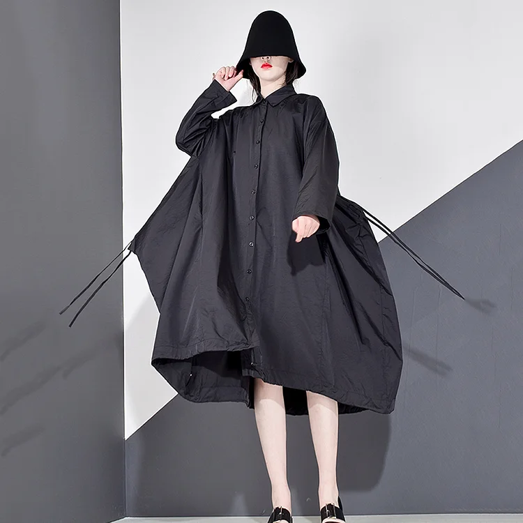 Simple Loose Solid Color Turn Down Collar Side Drawstring Pockets Long Sleeve Trench Coat   