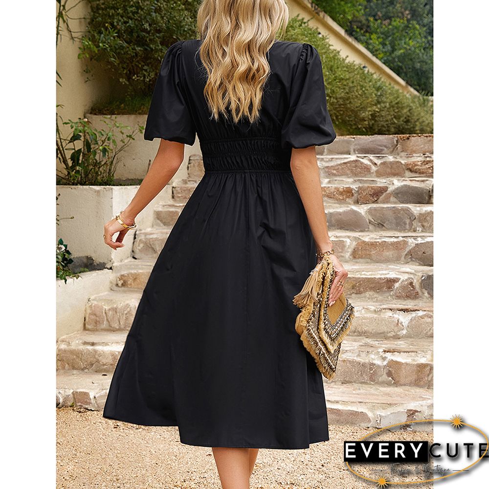 Black Solid V Neck Pleated Waist Midi Dress