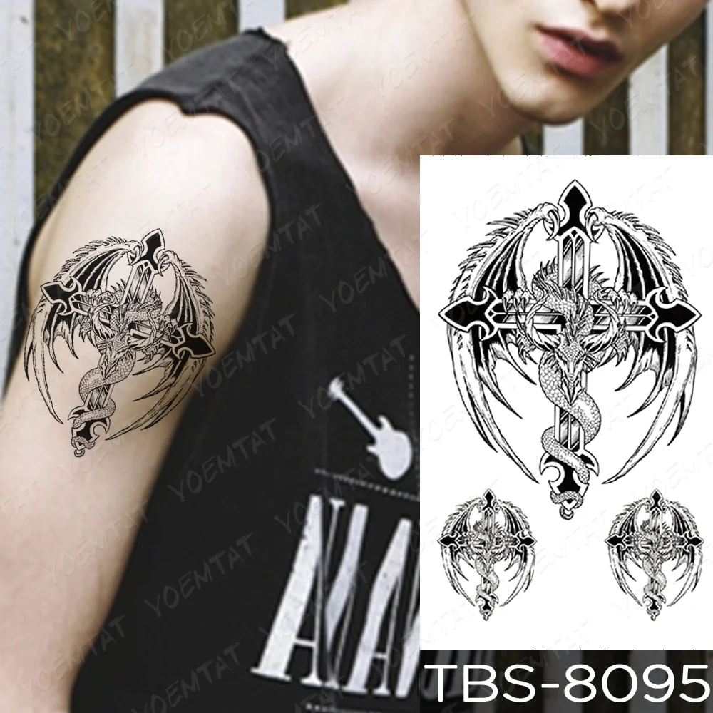 Sdrawing Temporary Tattoo Sticker Yin Yang Dragon Feather Wings Flash Tattoos Wolf Totem Body Art Arm Fake Tatoo Men