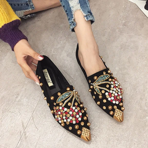 Luxurious Rhinestone Cherry Metal Pointed Toe Flat Shoes  Stunahome.com