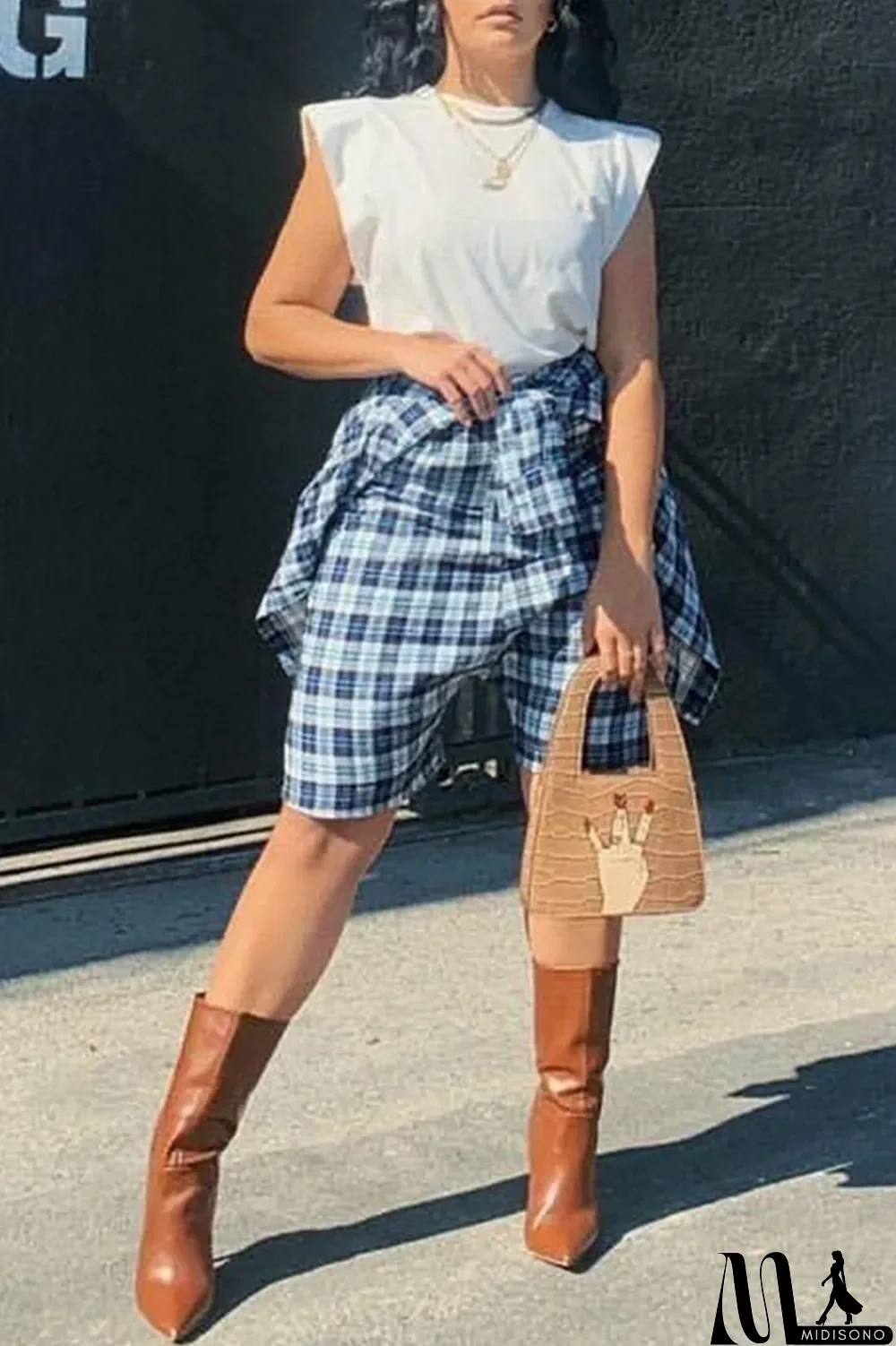 MidiSono - Turquoise Casual Street Plaid Print Bandage Split Joint High Waist Straight Full Print Bottoms