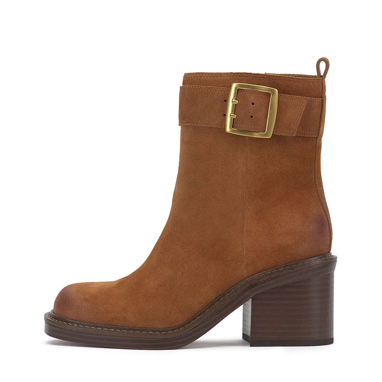 Brown Vegan Suede Square Toe Buckle Strap Ankle Boots with Block Heel |FSJ Shoes