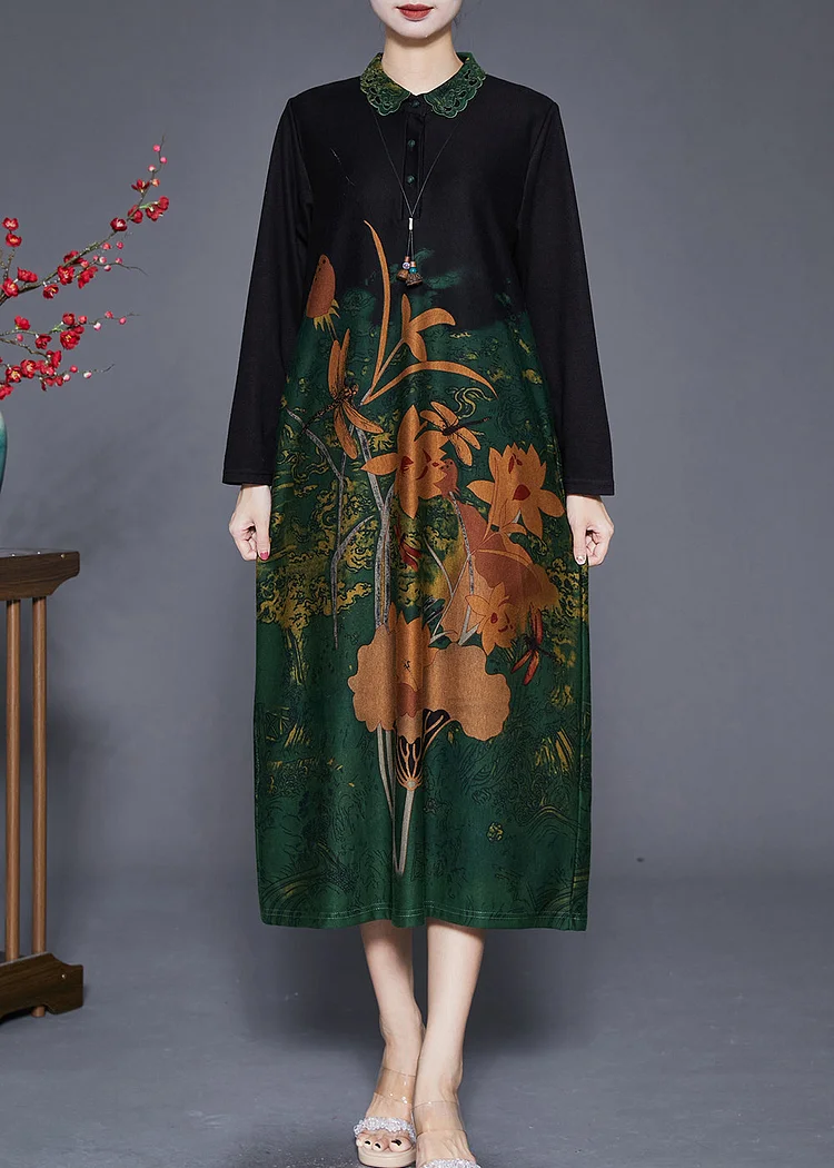 Elegant Green Print Peter Pan Collar Silk Long Dresses Fall