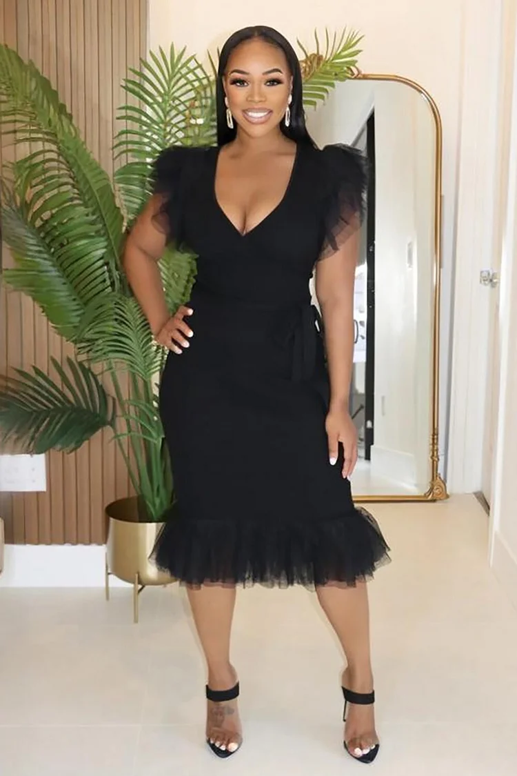 Tulle Patchwork Ruffled V Neck Tie Belted Bodycon Knit Midi Dresses-Black