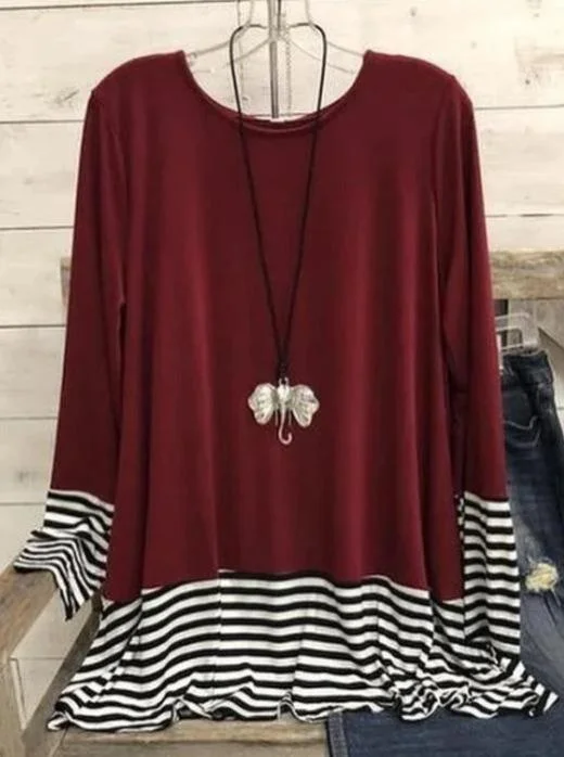 Striped Stitching Loose Round Neck Long Sleeve Top