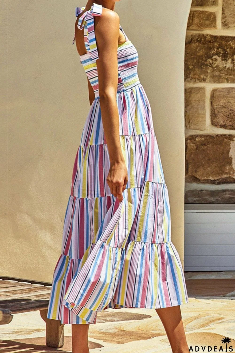 Striped Tie-Shoulder Smocked Tiered Dress