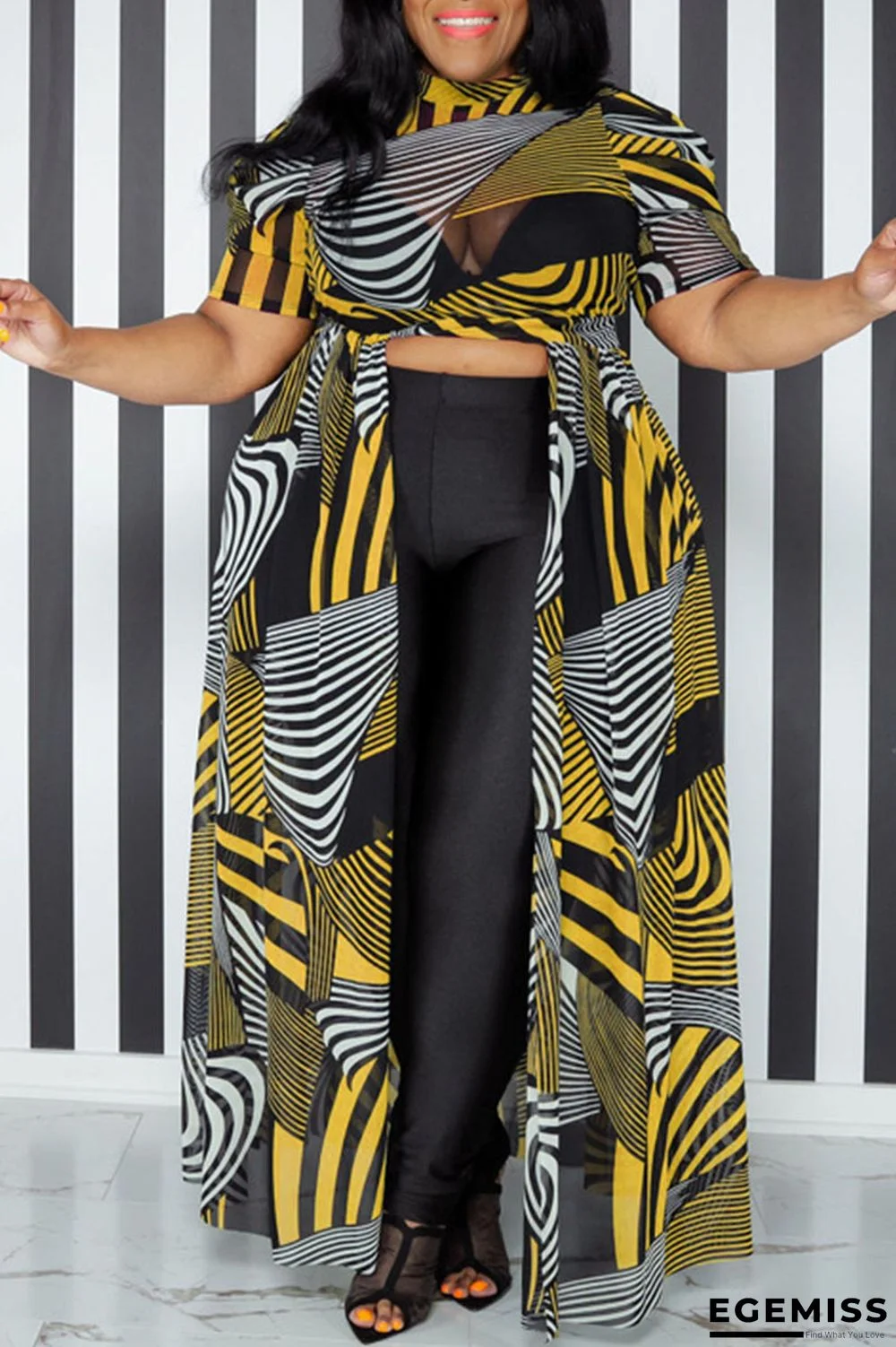 Yellow Fashion Print Patchwork Slit Asymmetrical O Neck A Line Plus Size Dresses | EGEMISS