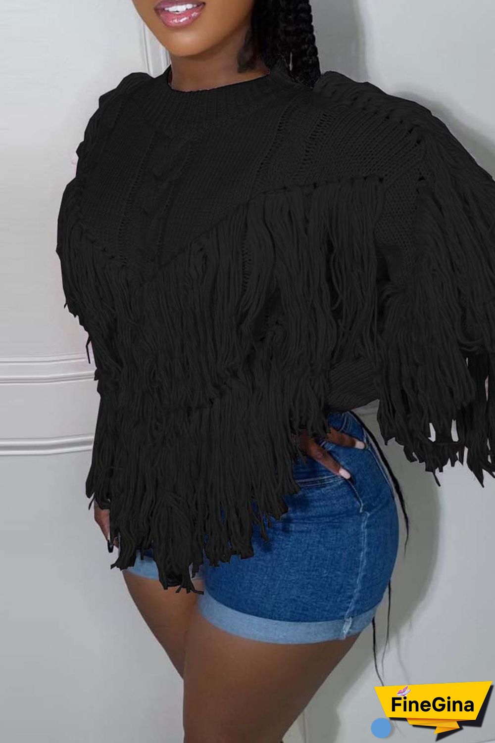 Pink Casual Solid Tassel O Neck Tops